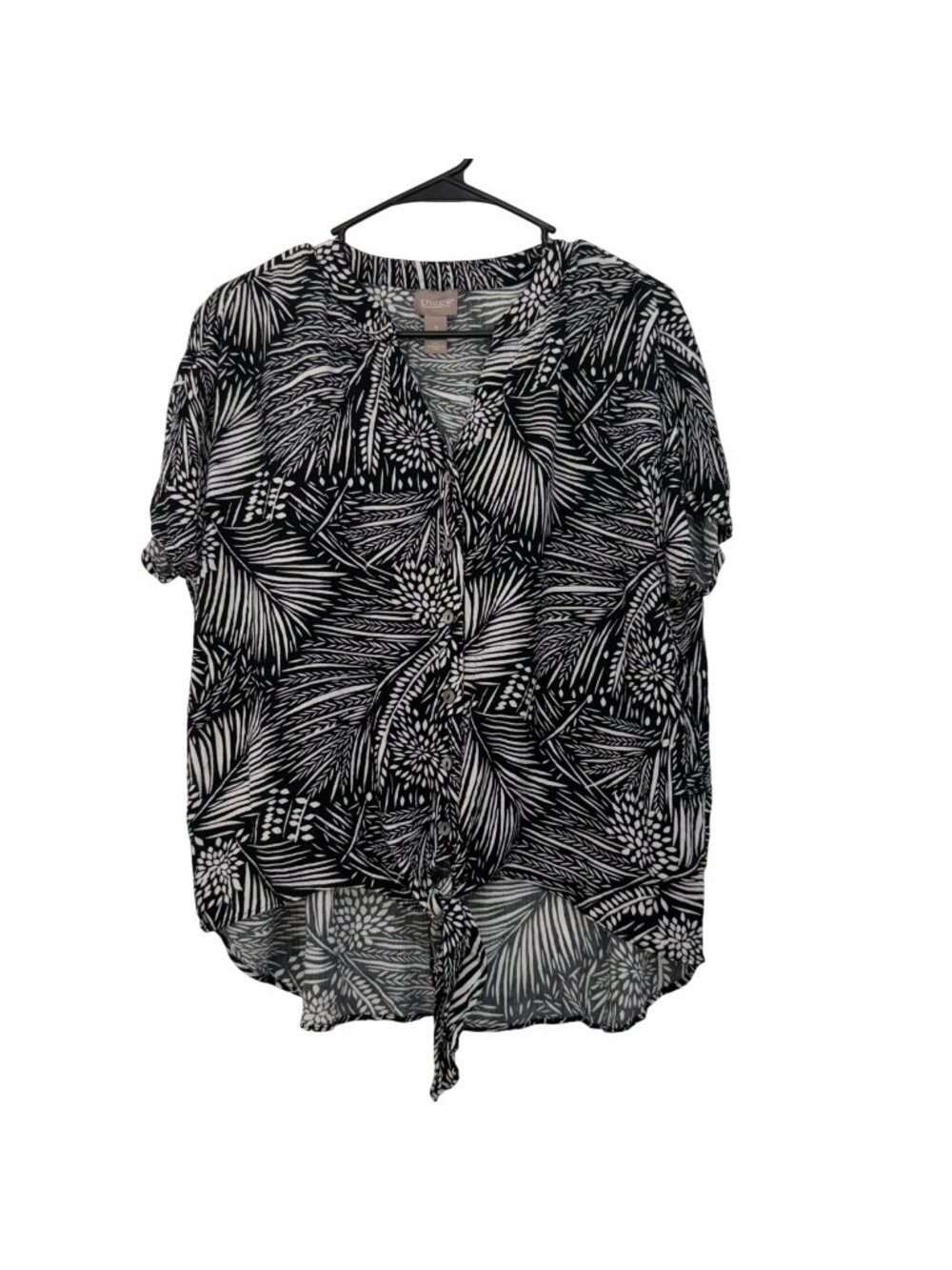 Chicos Black & White Tropical Print Rayon Short Sleeve Button-Down Blouse Size 1